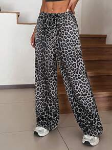 SHEIN EZwear Plus Size Women Casual Full Length Leopard Print Straight Leg Pants