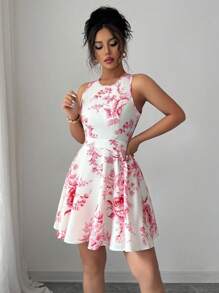 Elenzga Round Neck Random Floral Print Waist Slimming Spring/Summer Resort Sexy Backless Hollow-Out A-Line Floral Ruffle Hem Vintage Luxurious Mini Sleeveless Dress