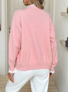 SHEIN LUNE Cardigan maglione casual da donna in colore tinta unita con inserti in pizzo, maniche lunghe