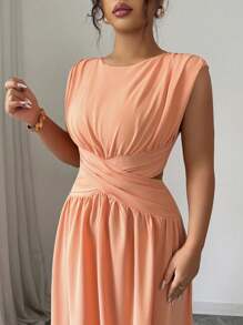 Elenzga Vestido midi sin mangas talla grande para mujer, elegante y minimalista de estilo chic de alta gama para la oficina, el tránsito, la playa, las vacaciones, los festivales de música, de unicolor con cinturón vintage, cintura calada, plisado en capas con silueta evasé