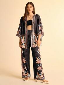 CAJUNI Floral Print Women's Casual Pants, Vacation Style - Black - View 5