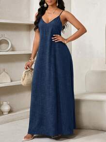 SHEIN Lady 蓝色女士波西米亚风露背女士宽松长裙女士连衣裙宽松露肩生日和活动礼服/节日礼服度假服装女士波西米亚风/波西米亚风女装吊带上衣非洲女装女士连衣裙夏季热带女装新品女士连衣裙沙滩裙复活节连衣裙/复活节女装/复活节女装 - 藏蓝色 - 查看 6