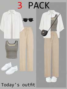 SHEIN LUNE 2024 秋冬条纹背心、裤子和夹克三件套机场装 - 杏色 - 查看 1