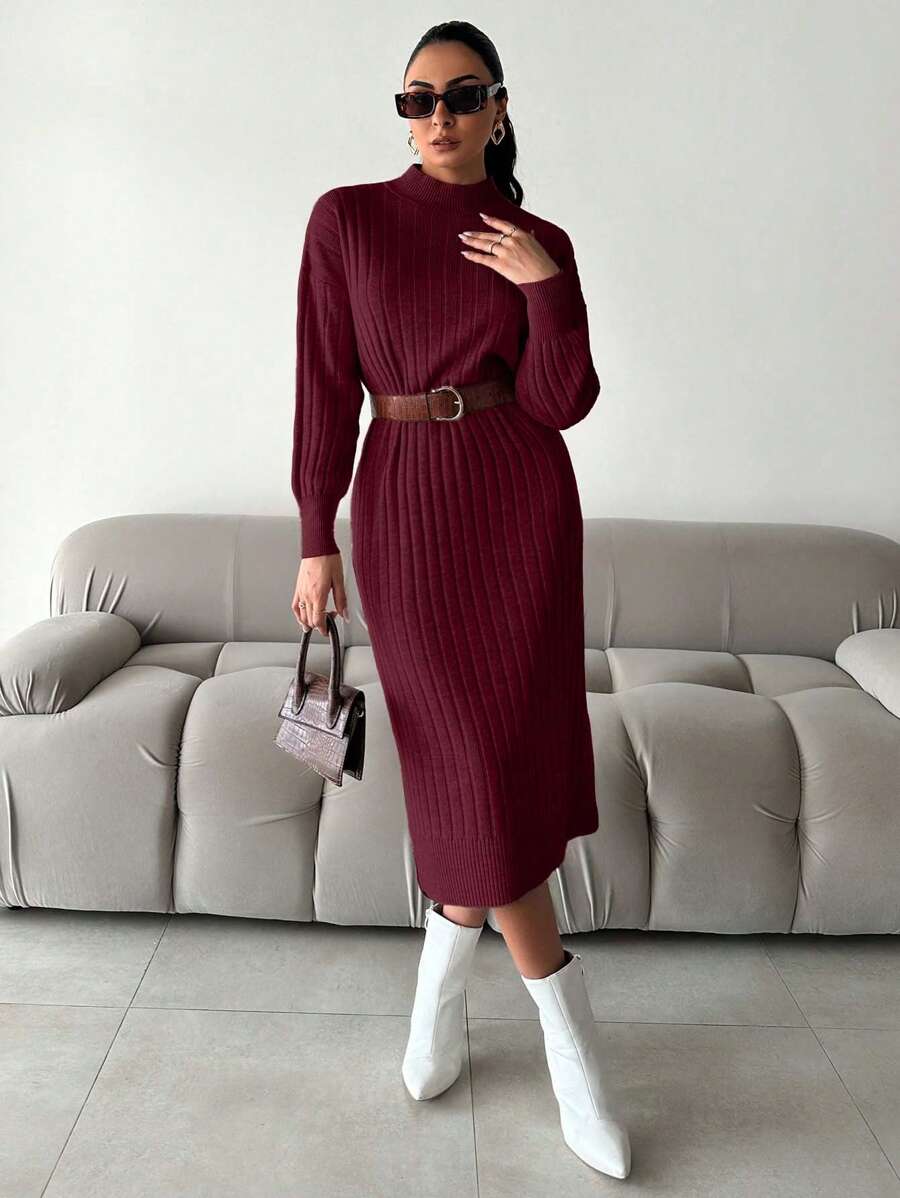 EURMUSE Đầm dệt kim dài tay cổ đứng thả vai màu trơn thường ngày cho nữ - Màu Đỏ Sâu - Xem 1