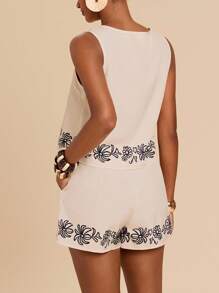 Travachic Conjunto de 2 peças de blusa curta e shorts femininos com estampa tropical casual para férias, estilo férias, estampa texturizada bordada, conjunto de 2 peças, conjunto de duas peças feminino, praia, boho, casual, simples, roupa ocidental para férias na ilha - Damasco - Ver 3
