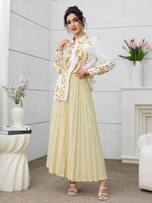 Modelyn 女士优雅两件套植物印花长袖衬衫和百褶中长裙，春夏两件套秋季女装 - 黃色 - 查看 3