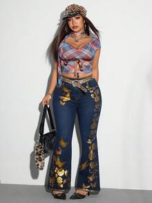 SHEIN ICON Quần Jeans Ống Loe In Hình Bướm Vàng Cỡ Lớn Cho Nữ - Màu xanh lam - Xem 6