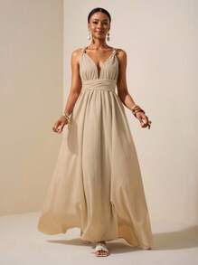 Zivah 2025夏季新款音乐节、毕业季、学院风、日常、休闲、度假、沙滩、日光浴、街头风浅杏色纹理亚麻面料深V领交叉后背长裙