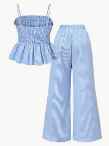 Set de 2 piezas de top con tirantes y pantalones a rayas con lazo delantero para adolescentes chicas - Azul - Ver 4