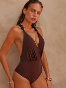 Swim Chiccia 1pc Women's Solid Color Elegant Gathered Tie Neck Asymmetrical Faux Pearl Decor Backless High Collar One-Piece Swimsuit For Summer Beach Vacation