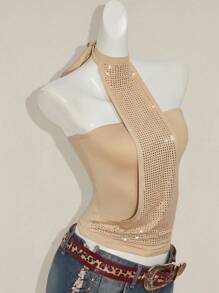 SHEIN ICON Top corto de halter de encaje con apliques de rhinestone y cierre de cordones, top bandeau sexy que se ajusta a la figura