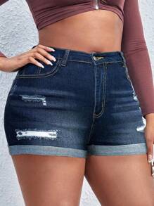 SHEIN SXY Plus Ripped Roll Up Hem Denim Shorts - Dark Wash - View 5