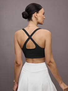 Activina Ribbed Knit Crisscross Back Crop Sports Tank Top - Black - View 6