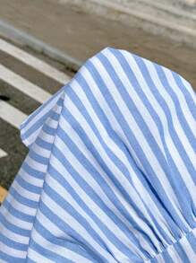 Siren Gaze Teacher Outfits For Women, Back To School Clothes, Business Casual Woman - Women's Fall Striped Sleeveless Casual Shirt Dress, Single - Breasted Ruffle Hem, Blue And White Striped, Tiered Design, Elegant Summer Dress For Dating & Commuting, 2025 New Arrival