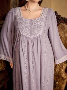 PalaceNights Plus Size Women's Long Sleeve Ditsy Floral Nightgown, Fall, Winter - Mauve Purple - View 5