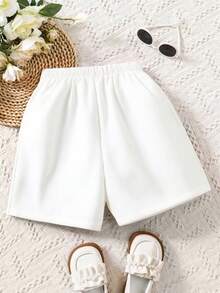 Sparklyn 1pc Girls Simple Beige Button Closure Shorts - White - View 3