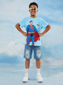 SUPERMAN X SHEIN Tween-Jungen Lässig Street Style Cartoon Held & Buchstaben Polka Dot Muster Kurzarm T-Shirt, Sommer - Blau - Übersicht 4