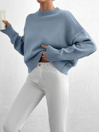 SHEIN Maglione ampio in pile con scollo a equipaggio, maniche a giro, tinta unita, da donna