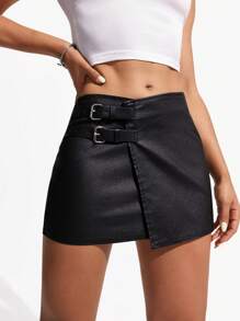 SHEIN ICON Y2K 女士涂层黑色甜辣弹力紧身迷你裙 - 黑色 - 查看 1