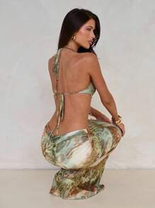 Aloruh 女式性感胸罩杯扭腰镂空串珠装饰修身扎染印花连衣裙 - 彩色 - 查看 4