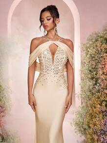 Glamrae Elegante y lujoso vestido de sirena de punto de elastano con destellos de rhinestone, apropiado para bodas, fiestas, vacaciones, bailes de graduación y eventos de noche (con adornos pesados)