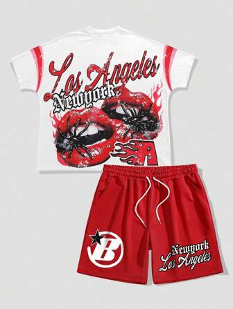 Street Life Conjunto de camiseta de manga corta y pantalones cortos con estampado de boca y araña, casual de verano para hombres