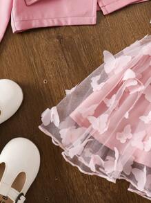 SHEIN Babygirl Chic Verstatile Mesh Skirt, Blazer, Tank, & Hat 3pcs Outfit Set - Pink - View 9