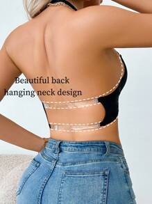 SHEIN 1pc Women's Solid Color Halter Backless Underwire Bra - Black - View 2