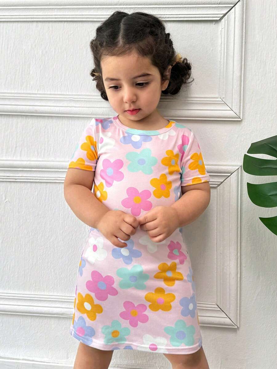 SHEIN Baby Mädchen Lässig anliegendes Kurzarm Strick Kleid mit buntem Blumen Muster