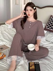 DAZY 2件套女士宽松条纹短袖睡衣套装 - 藕粉色 - 查看 5