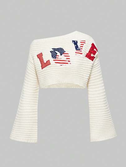 J-Fashion Y2K Slogan English Love Graphic Oblique Shoulder Flared Sleeve Knitted Sweater