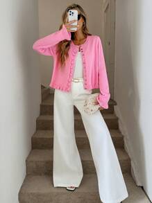 Easowa Fall Winter Women's Single Breasted Long Sleeve Casual Ruffle Trim Knit Sweater Pink Cardigan Women Pink Cropped Cardigan Back To School Business Casual Woman Office Fall Women Sweaters Fall Sweaters Women Sweaters Knit Sweater