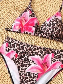 SHEIN Bộ bikini hở lưng họa tiết hoa báo cho bé gái tuổi teen, trang phục đi biển thường ngày - Cà phê nâu - Xem 5