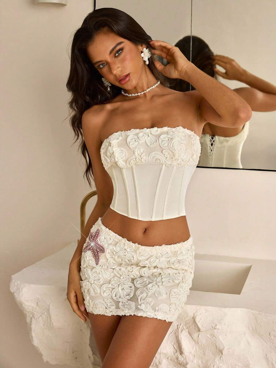 Vowa 2 件套优雅杏色螺旋花拼布缎面抹胸和紧身迷你裙套装，适合约会、度假、音乐节、下午茶、毕业典礼、婚礼、派对、舞会礼服