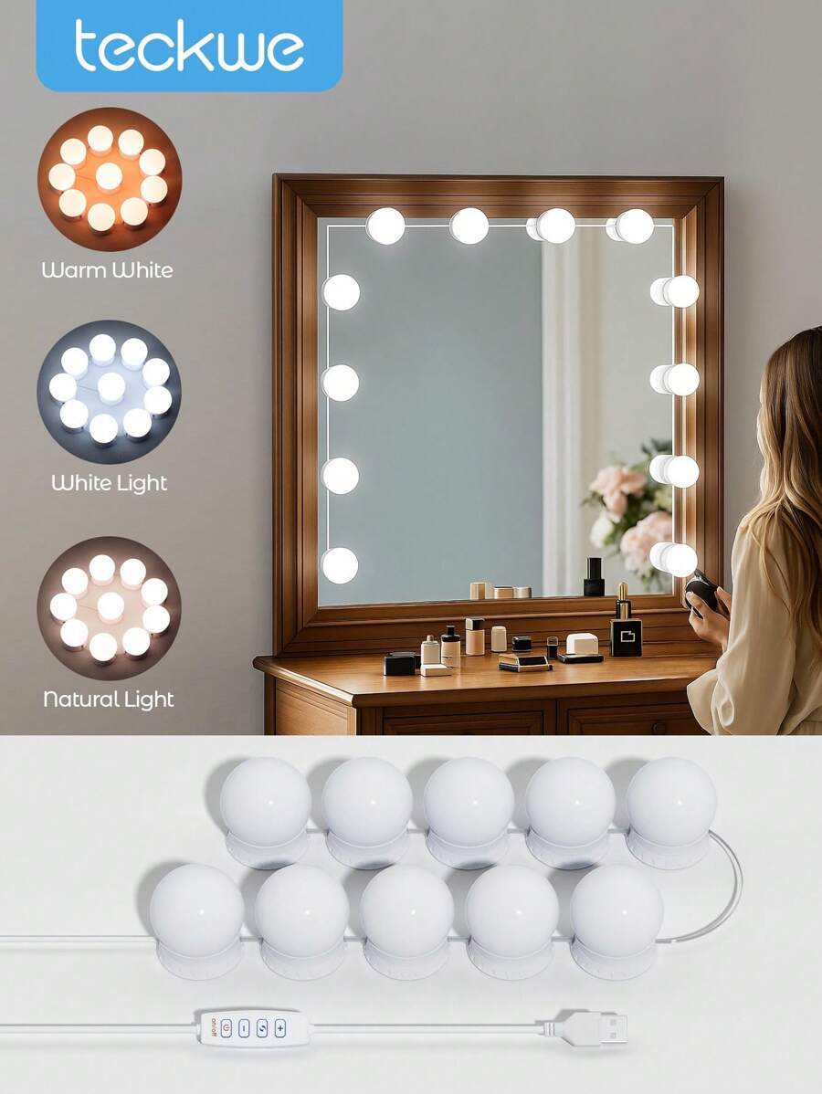 Teckwe LED Makeup Vanity Fill Lights Mirror, USB Three-Color Mirror Front Light Led Makeup Light With Rotatable Cable, Holly Wood Style Vanity Lights,Dimmable, Colored, Fill Light Bulb For Dressing Table, Beauty Makeup Mirror Light Bathroom Lighting, Valentine's Day Gift