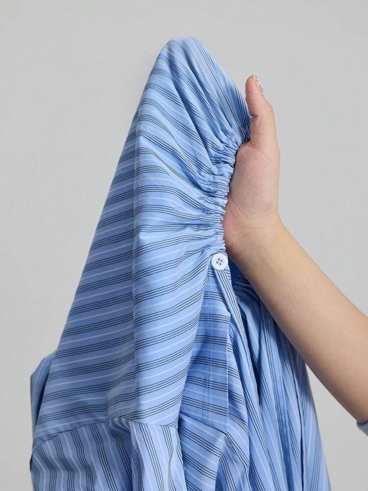 Women's Blue And White Stripe Shirt Dress,Autumn Elegant Mid-Length Dress,Business Casual Brunch Party,Retro Front Button Nashville Commute Dress