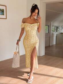 SHEIN Unity Vestido de flores en miniatura con abertura y hombros descubiertos para mujer - Naranja - Ver 4