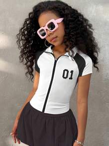 Coolane Kids Tween Girls Spring/Summer Y2k Summer 3 Colors Blocking Slim Fit Short Sleeve T-Shirt With Front Zipper And Stand Collar Fall Winter