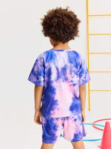 SHEIN 2-Piece Set Of Young Boys Casual Coconut Tree Print Short Sleeve Crew Neck T-Shirt And Tie-Dye Shorts Set For Sports, Leisure, Daily Wear, Outdoor, School - Purple - View 2