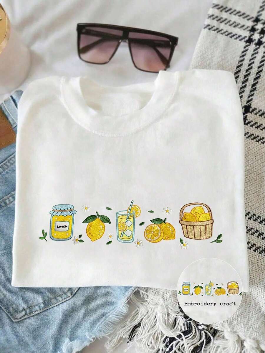 Embroidered Lemon Design Summer T-Shirt, Food Lover Gift Shirt, Lovely ...