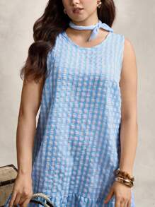 Zelara Đầm suông kẻ caro không tay cổ tròn cỡ lớn đơn giản thường ngày cho lễ hội phong cách Boho dành cho nữ mùa hè, váy nghỉ dưỡng thanh lịch dành cho nữ, váy liền thân thiết yếu mặc ngoài trời hàng ngày - Màu xanh lam - Xem 3