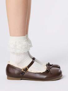ROMWE Kawaii 女士棕色乐福鞋、包头玛丽珍鞋、蝴蝶结蕾丝洛丽塔芭蕾平底鞋 - 棕色 - 查看 4