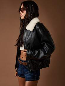 MISSGUIDED 仿皮飞行员夹克，羊羔绒领，冬季时尚，摩托车风格，休闲外套，个性拉链前开，街头风格 - 黑色 - 查看 7