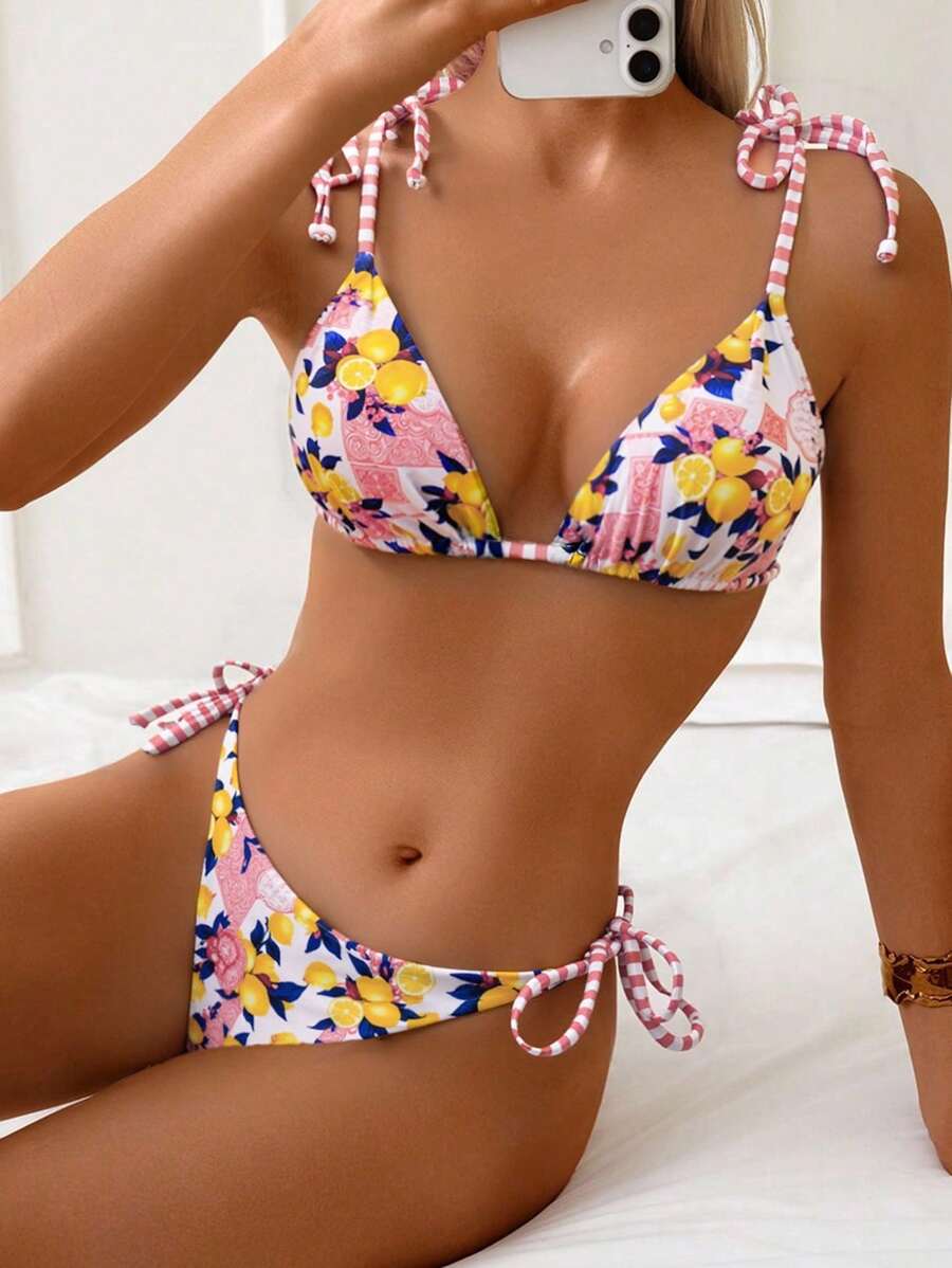 Swim Vcay 女士沙滩夏日音乐节蝴蝶结条纹柠檬印花结可爱假日比基尼套装 - 彩色 - 查看 1