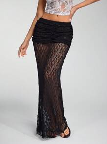 Flirla تنورة ذات نسيج دانتيل بذيل سمكة، أسلوب عطلة شاطئية جذابة، للربيع/الصيف - الأسود - مشاهدة 1