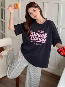 DAZY Letter Graphic Print Loose Fit Crew Neck Long Sleeve Top And Striped Print Pants Pajama Set - Navy Blue - View 3