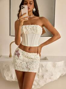 Vowa 2 件套优雅杏色螺旋花拼布缎面抹胸和紧身迷你裙套装，适合约会、度假、音乐节、下午茶、毕业典礼、婚礼、派对、舞会礼服