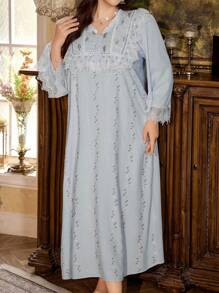 PalaceNights 大码女士复古刺绣长袖宽松睡裙睡衣睡袍，宽松舒适，适合秋冬季穿着。