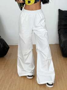 Coolane Women's Casual White Woven Loose Elastic Waist Wide Leg Pants, Simple And Minimalist - White - View 4