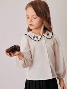 PrepCrw 少女校园风领蝴蝶结印花长袖衬衫 - 黑與白 - 查看 3